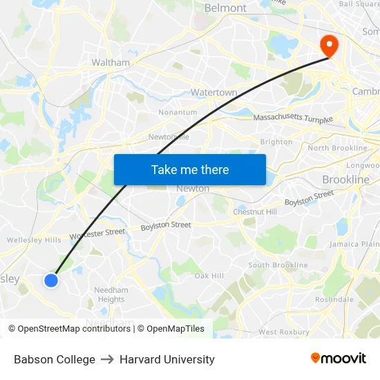 Babson College to Harvard University map