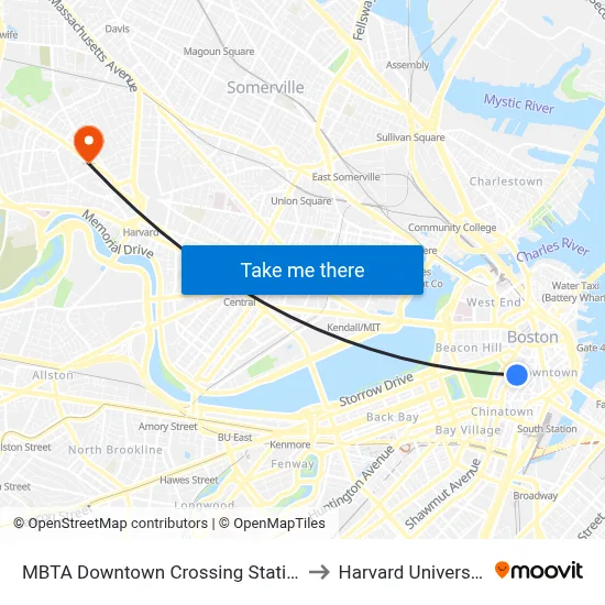 MBTA Downtown Crossing Station to Harvard University map