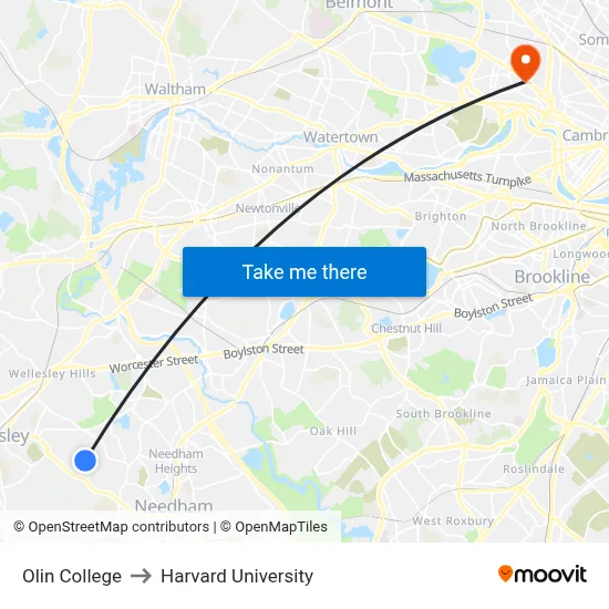 Olin College to Harvard University map