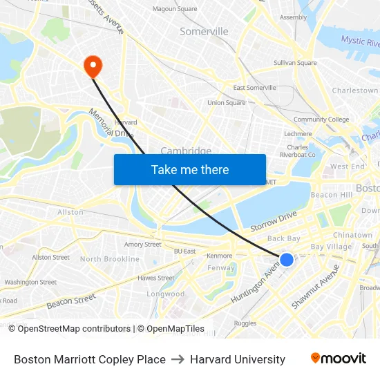 Boston Marriott Copley Place to Harvard University map