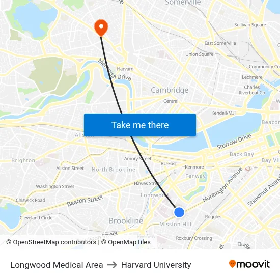Longwood Medical Area to Harvard University map