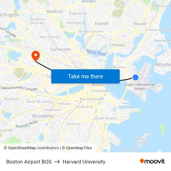 Boston Airport BOS to Harvard University map