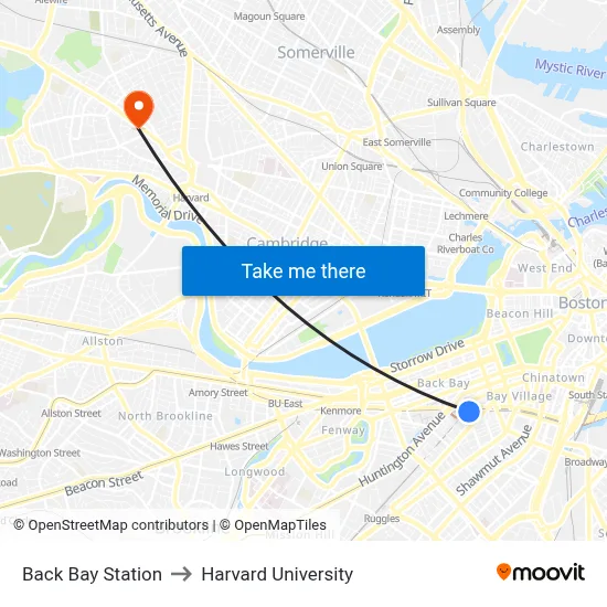 Back Bay Station to Harvard University map
