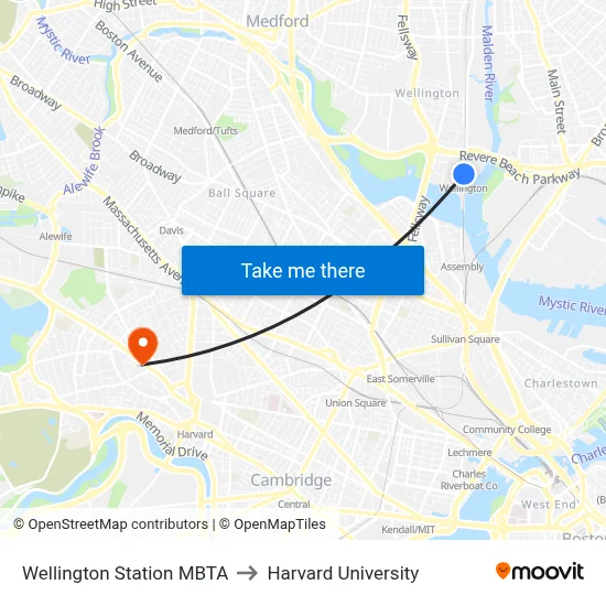 Wellington Station MBTA to Harvard University map