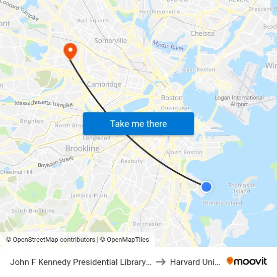 John F Kennedy Presidential Library and Museum to Harvard University map