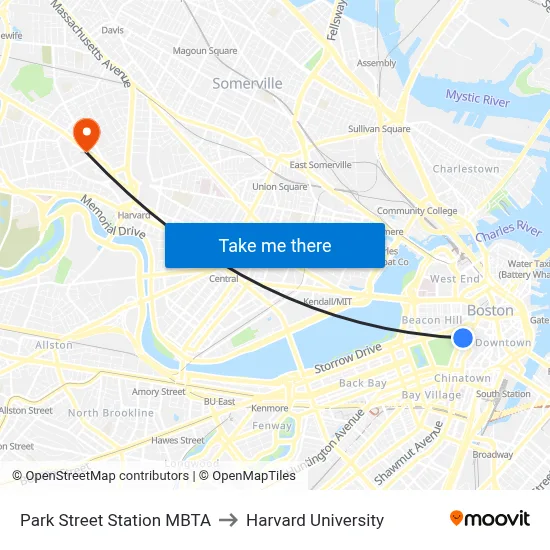 Park Street Station MBTA to Harvard University map