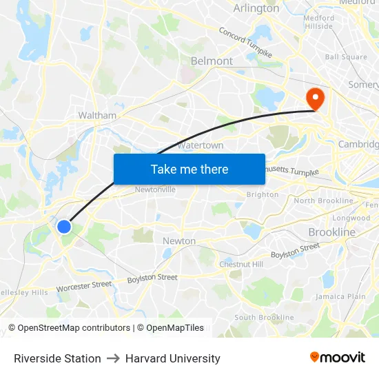 Riverside Station to Harvard University map