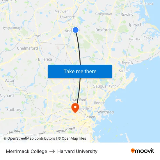 Merrimack College to Harvard University map