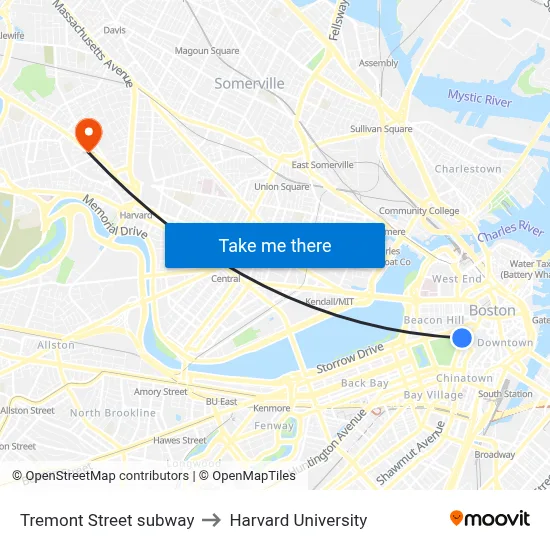 Tremont Street subway to Harvard University map