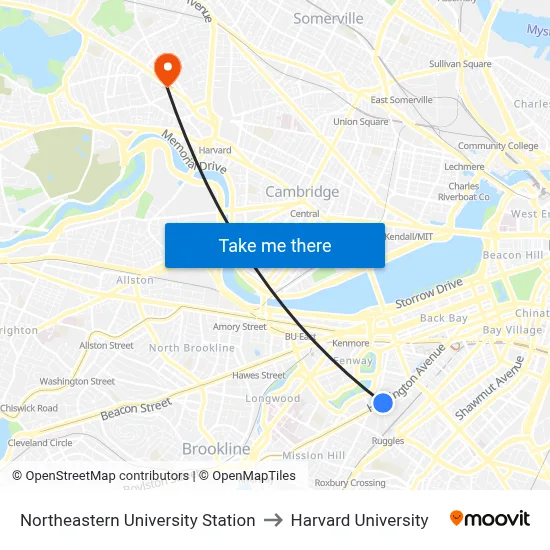 Northeastern University Station to Harvard University map