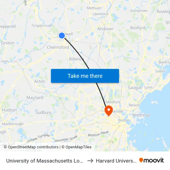 University of Massachusetts Lowell to Harvard University map