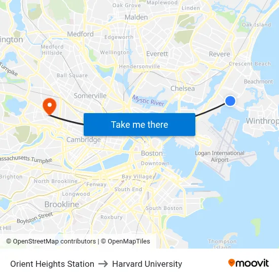 Orient Heights Station to Harvard University map