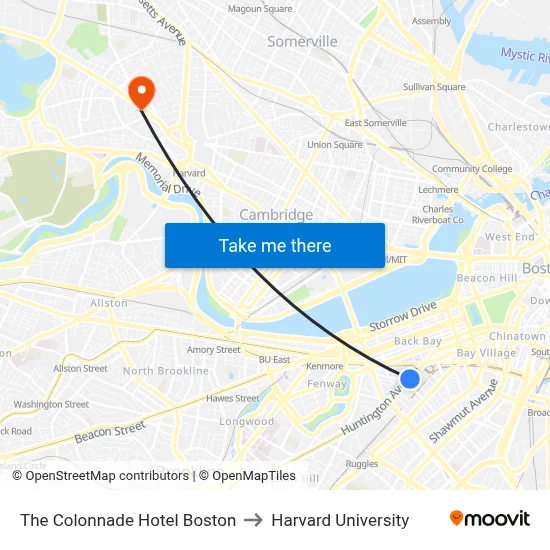 The Colonnade Hotel Boston to Harvard University map