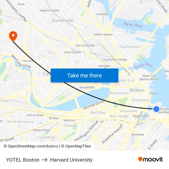 YOTEL Boston to Harvard University map