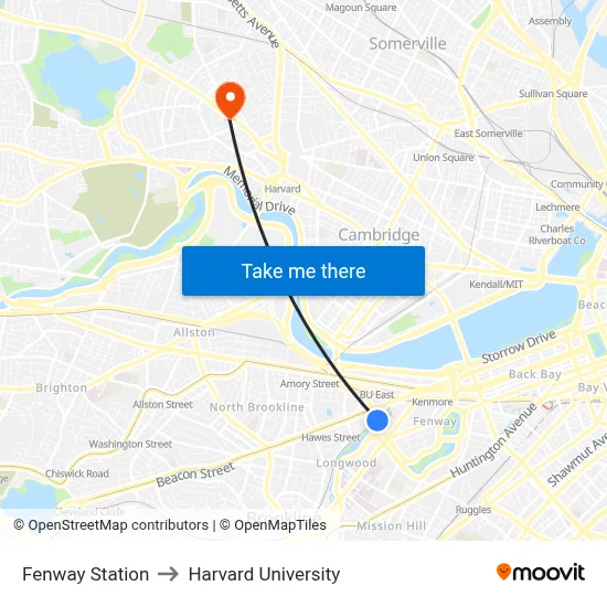 Fenway Station to Harvard University map