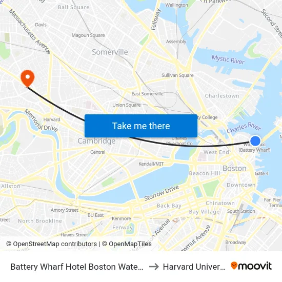 Battery Wharf Hotel Boston Waterfront to Harvard University map