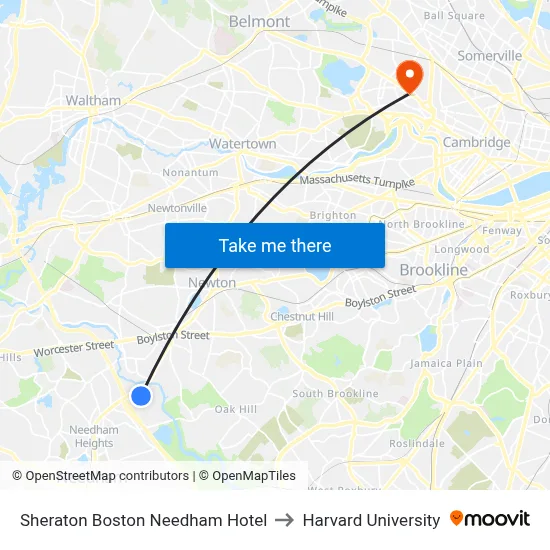 Sheraton Boston Needham Hotel to Harvard University map