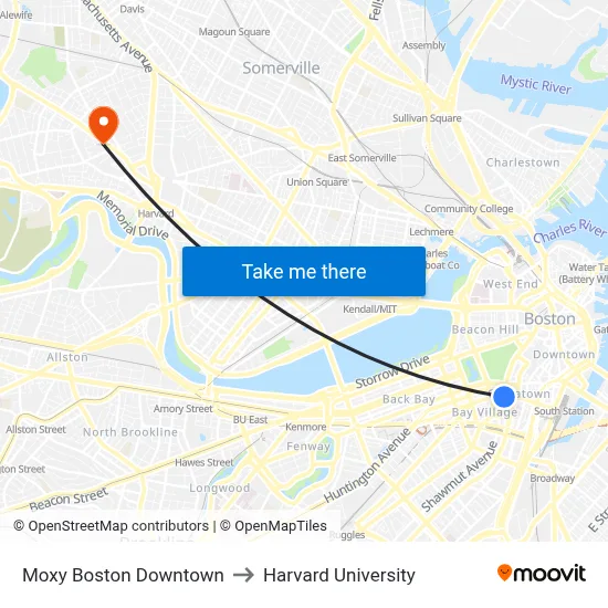 Moxy Boston Downtown to Harvard University map
