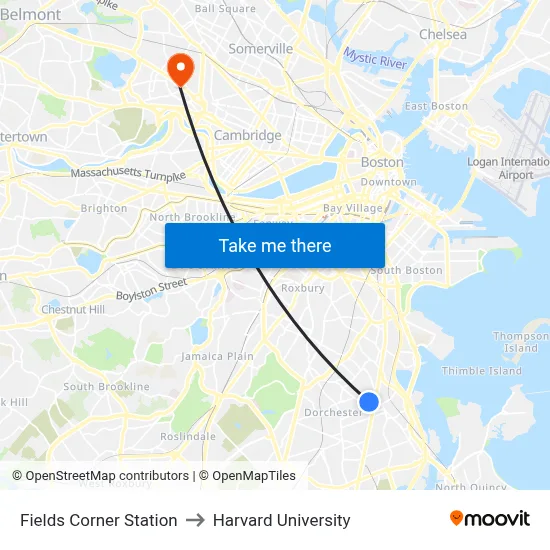 Fields Corner Station to Harvard University map
