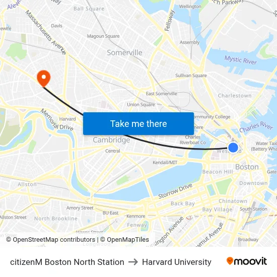 citizenM Boston North Station to Harvard University map