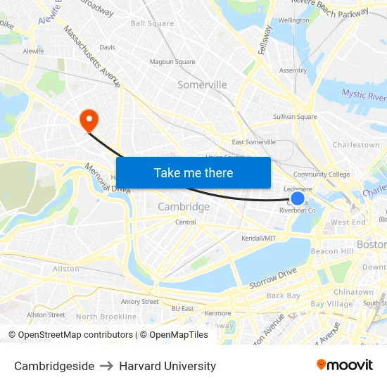 Cambridgeside to Harvard University map