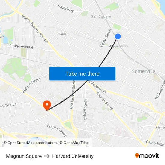 Magoun Square to Harvard University map