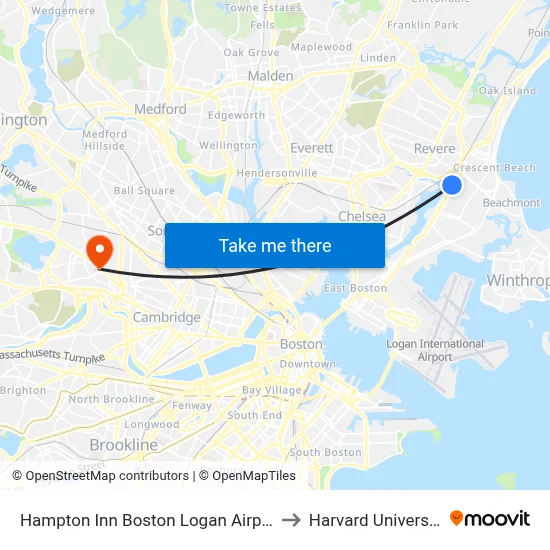 Hampton Inn Boston Logan Airport to Harvard University map