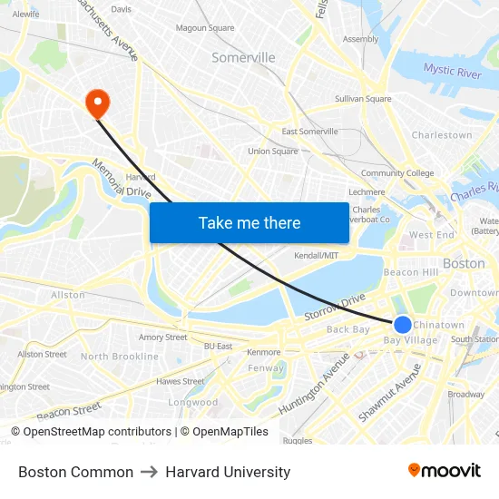 Boston Common to Harvard University map