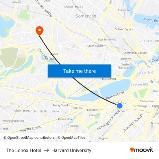 The Lenox Hotel to Harvard University map