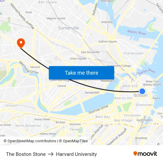 The Boston Stone to Harvard University map