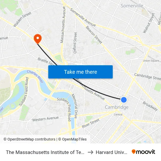 The Massachusetts Institute of Technology to Harvard University map