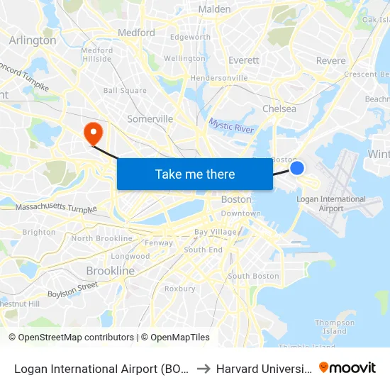 Logan International Airport (BOS) to Harvard University map