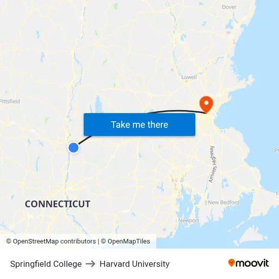 Springfield College to Harvard University map
