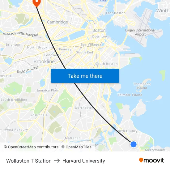 Wollaston T Station to Harvard University map
