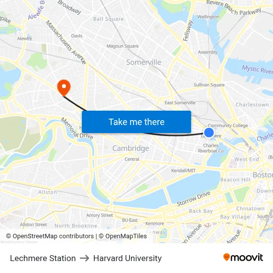 Lechmere Station to Harvard University map