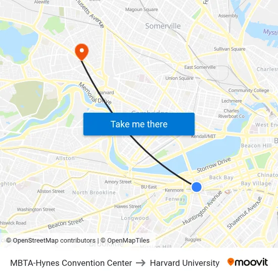 MBTA-Hynes Convention Center to Harvard University map