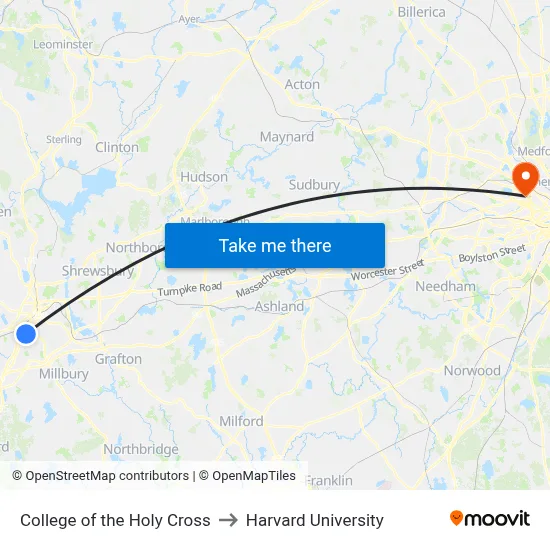 College of the Holy Cross to Harvard University map