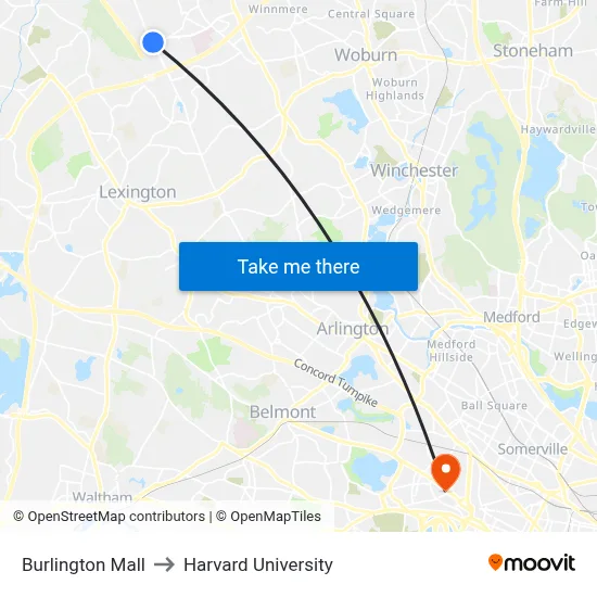 Burlington Mall to Harvard University map