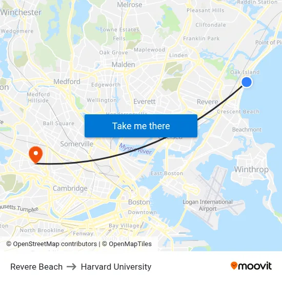 Revere Beach to Harvard University map