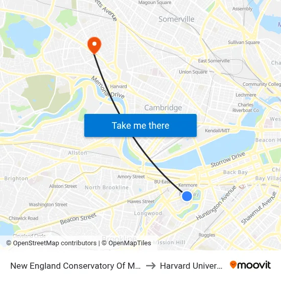 New England Conservatory Of Music to Harvard University map