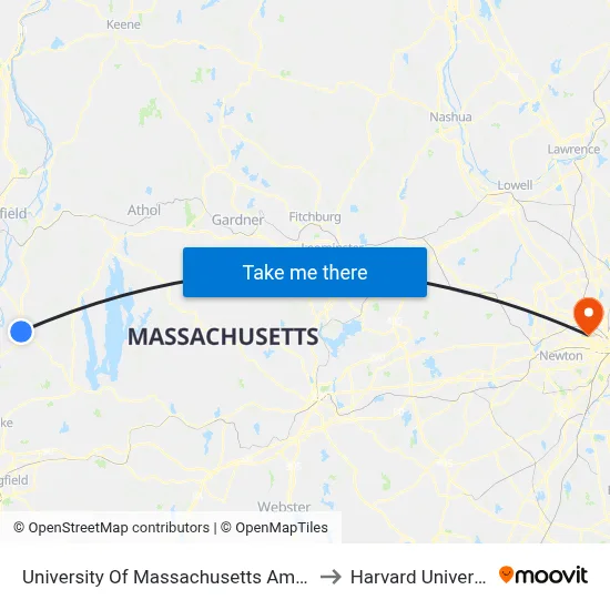 University Of Massachusetts Amherst to Harvard University map