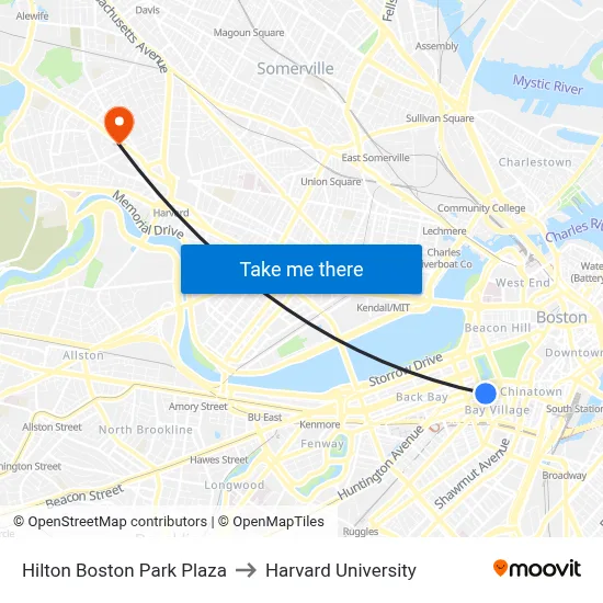 Hilton Boston Park Plaza to Harvard University map