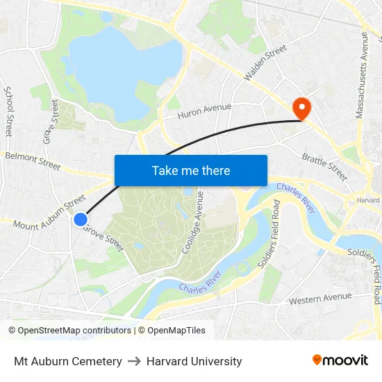 Mt Auburn Cemetery to Harvard University map