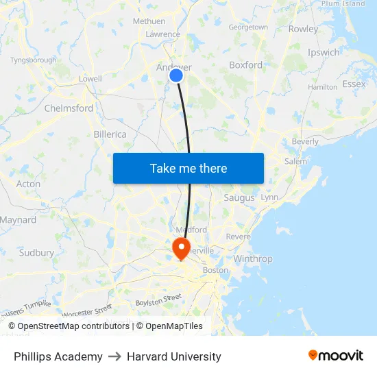 Phillips Academy to Harvard University map
