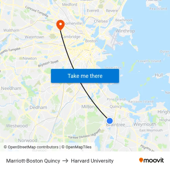 Marriott-Boston Quincy to Harvard University map