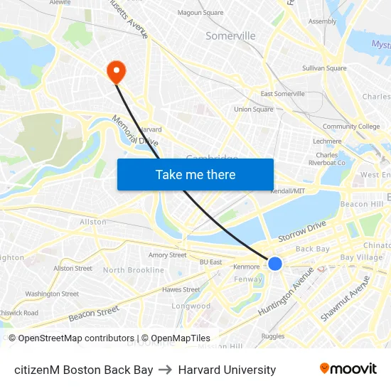 citizenM Boston Back Bay to Harvard University map