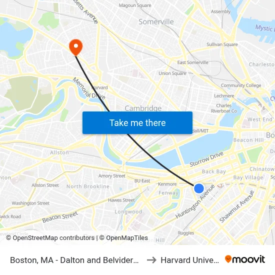 Boston, MA - Dalton and Belvidere Street to Harvard University map