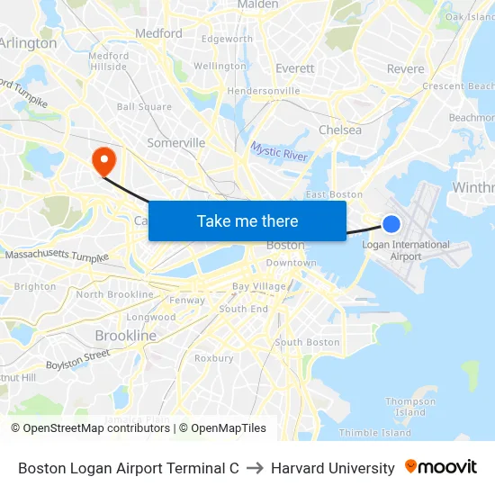 Boston Logan Airport Terminal C to Harvard University map