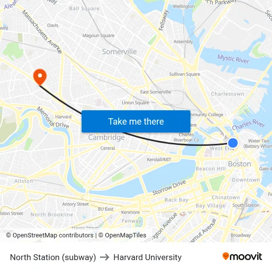 North Station (subway) to Harvard University map