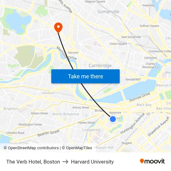 The Verb Hotel, Boston to Harvard University map